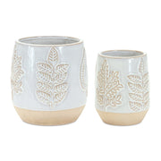 Set of Two Beige And Gray Porcelain 4 Ounce Leaf Round Pot Planters
