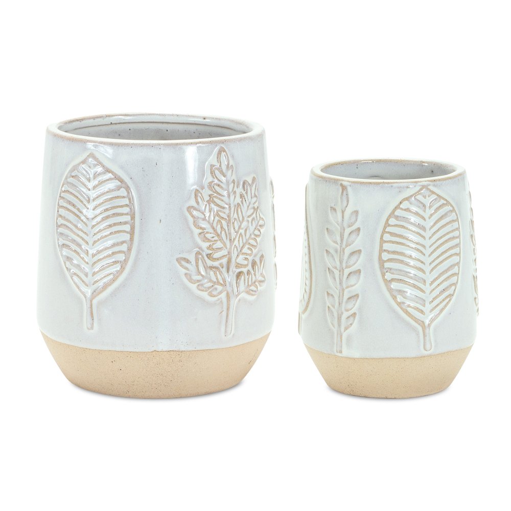 Set of Two Beige And Gray Porcelain 4 Ounce Leaf Round Pot Planters