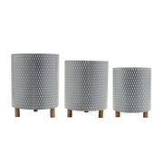 Set of Three Blue White And Gray Wood And Metal 58 Ounce Geometric Round Pot Planters