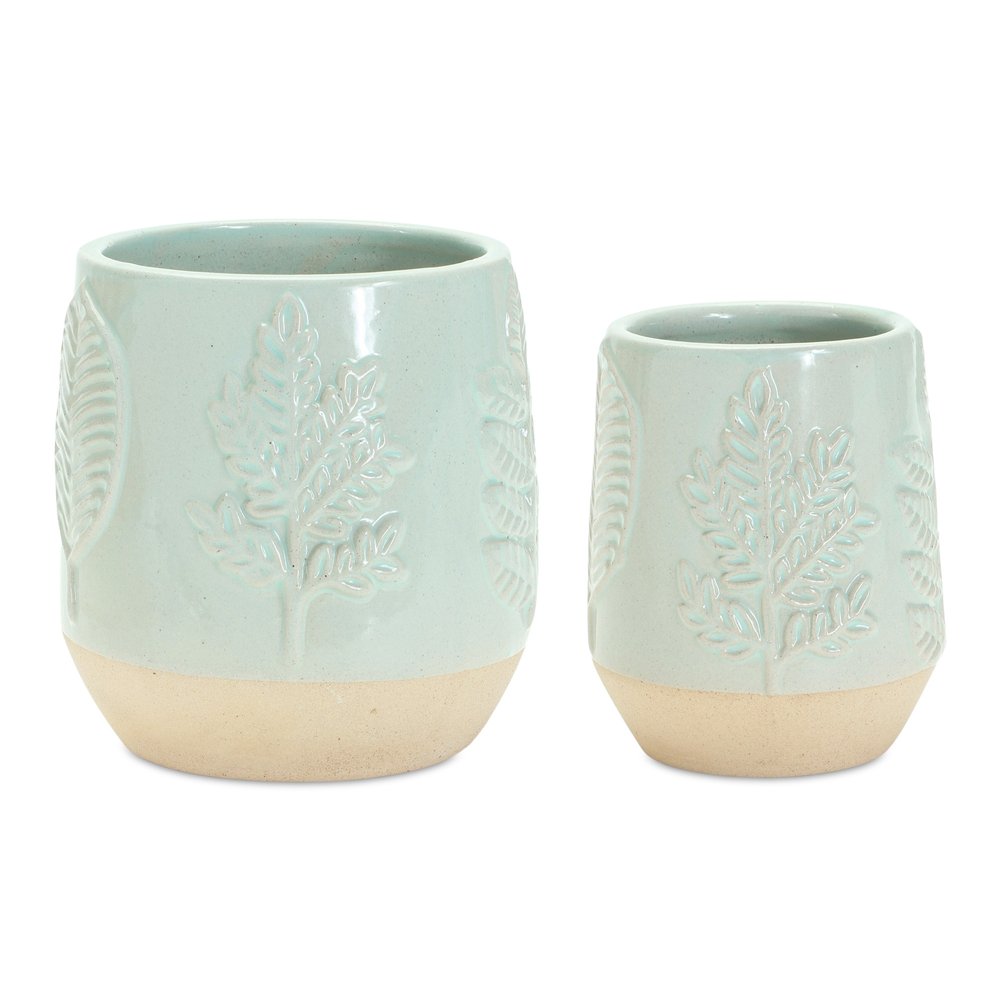 Set of Two Green And Tan Porcelain 3 Ounce Leaf Round Pot Planters