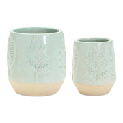 Set of Two Green And Tan Porcelain 3 Ounce Leaf Round Pot Planters