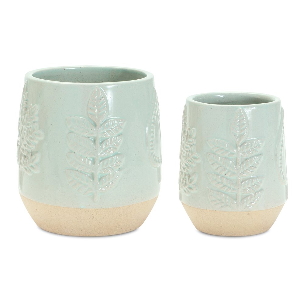 Set of Two Green And Tan Porcelain 3 Ounce Leaf Round Pot Planters