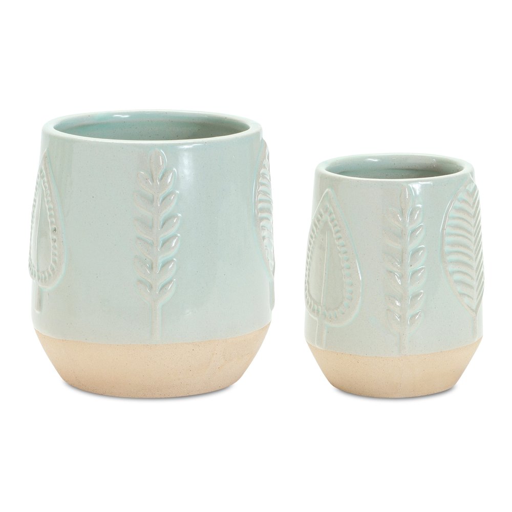 Set of Two Green And Tan Porcelain 3 Ounce Leaf Round Pot Planters