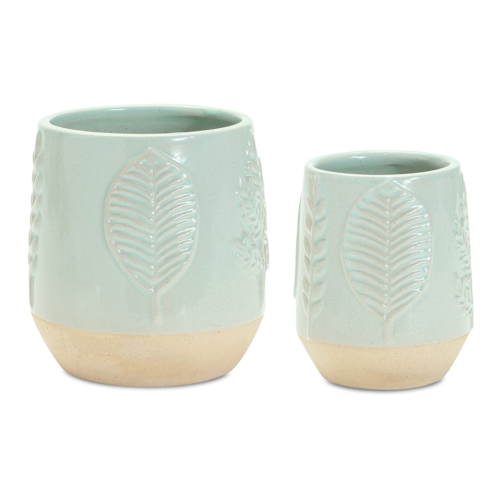 Set of Two Green And Tan Porcelain 3 Ounce Leaf Round Pot Planters