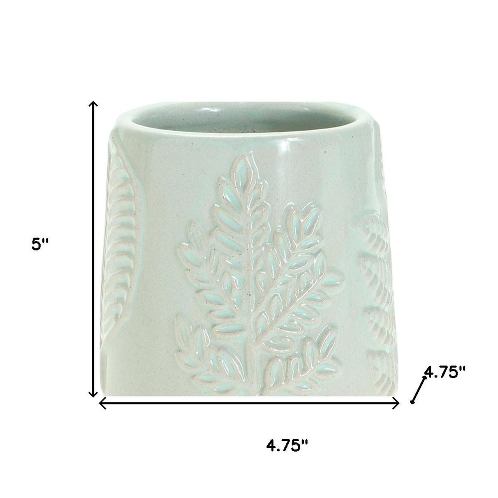 Set of Two Green And Tan Porcelain 3 Ounce Leaf Round Pot Planters