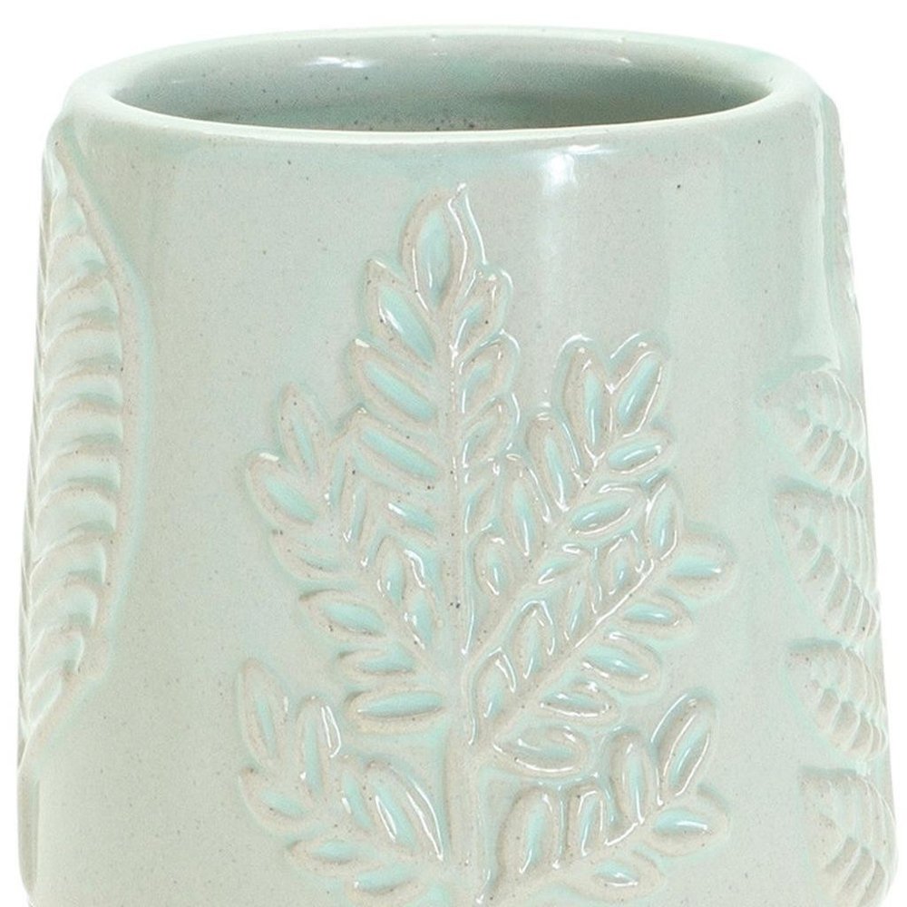 Set of Two Green And Tan Porcelain 3 Ounce Leaf Round Pot Planters