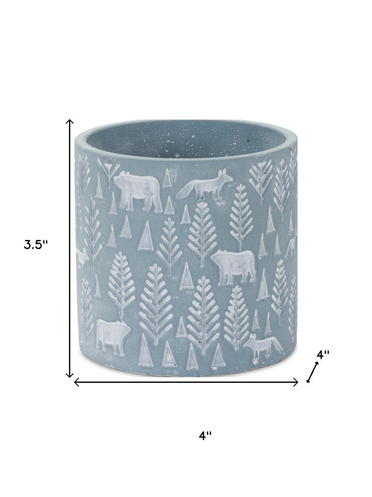 Set of Two Blue And White Cement 4 Ounce Abstract Round Pot Planters