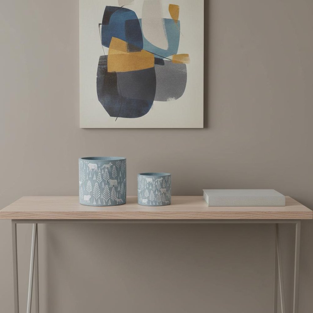 Set of Two Blue And White Cement 4 Ounce Abstract Round Pot Planters