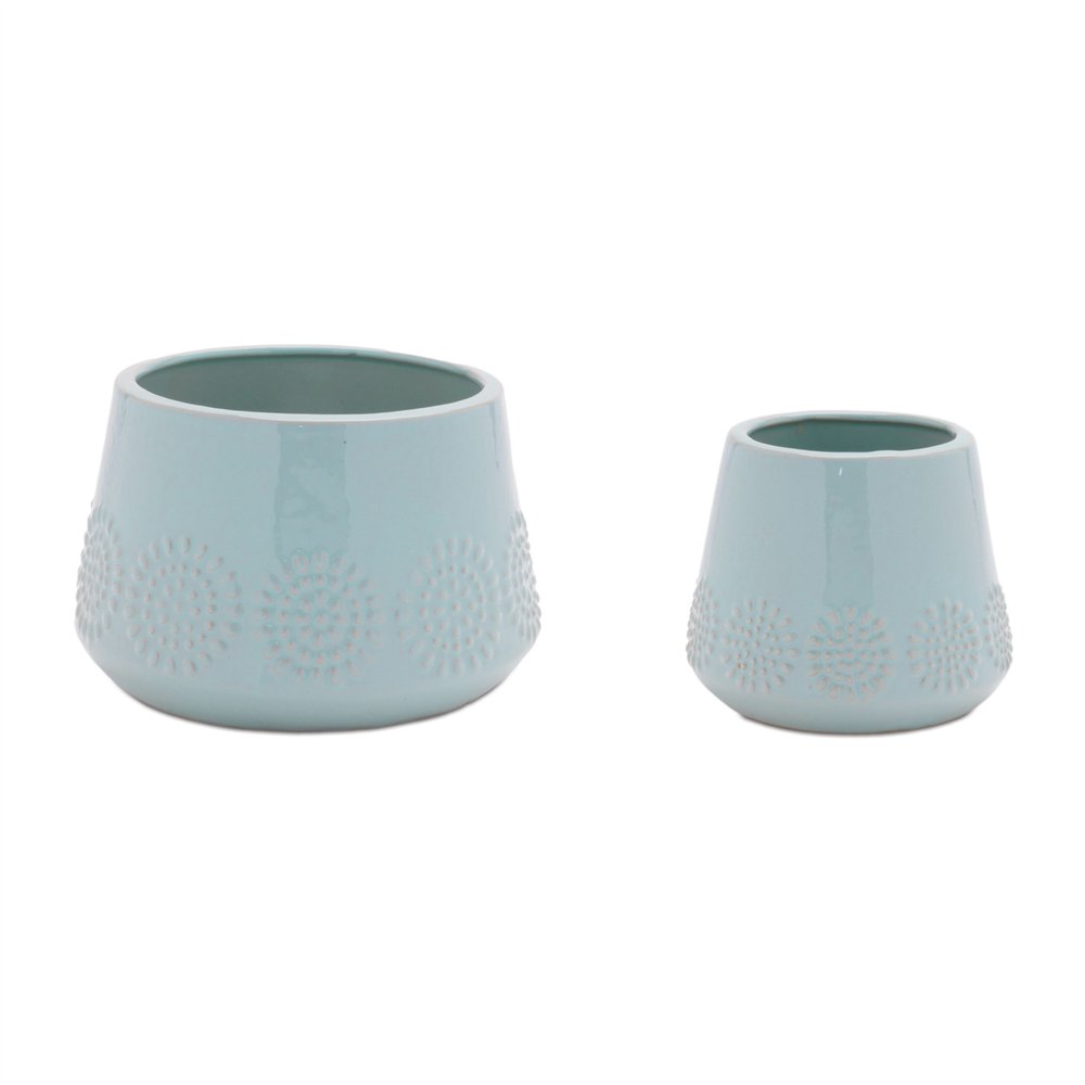 Set of Two Blue Ceramic 8 Ounce Geometric Round Pot Planters