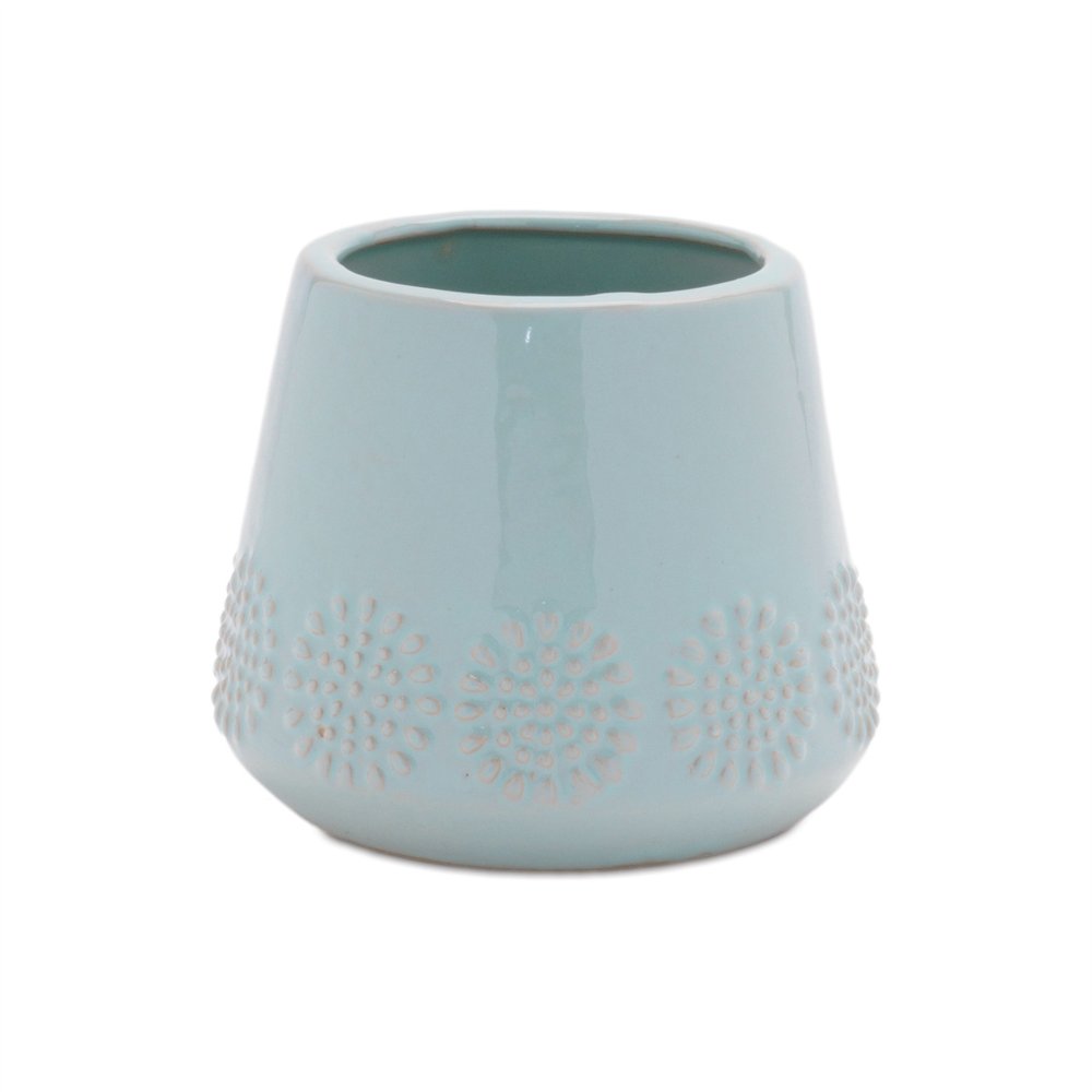 Set of Two Blue Ceramic 8 Ounce Geometric Round Pot Planters