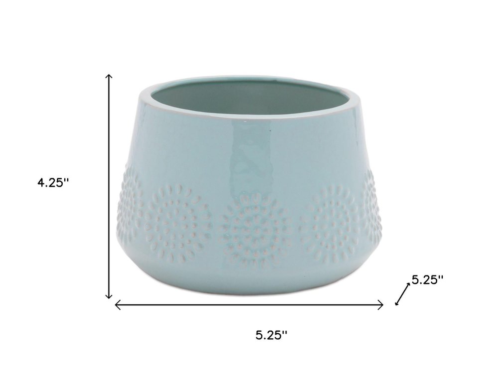 Set of Two Blue Ceramic 8 Ounce Geometric Round Pot Planters