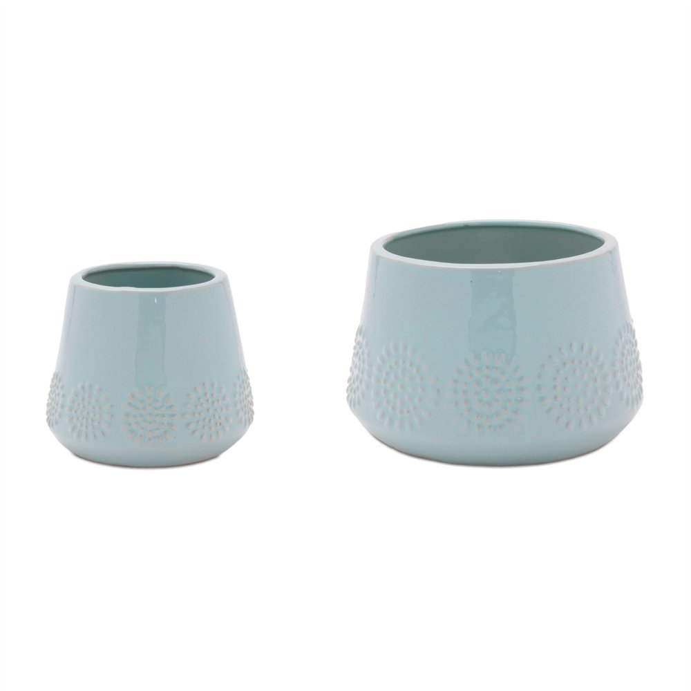 Set of Two Blue Ceramic 8 Ounce Geometric Round Pot Planters