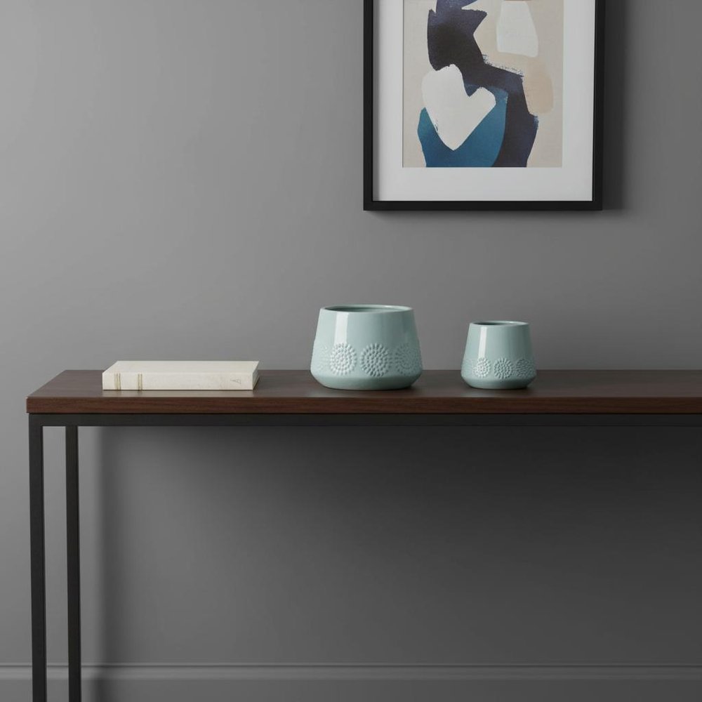 Set of Two Blue Ceramic 8 Ounce Geometric Round Pot Planters