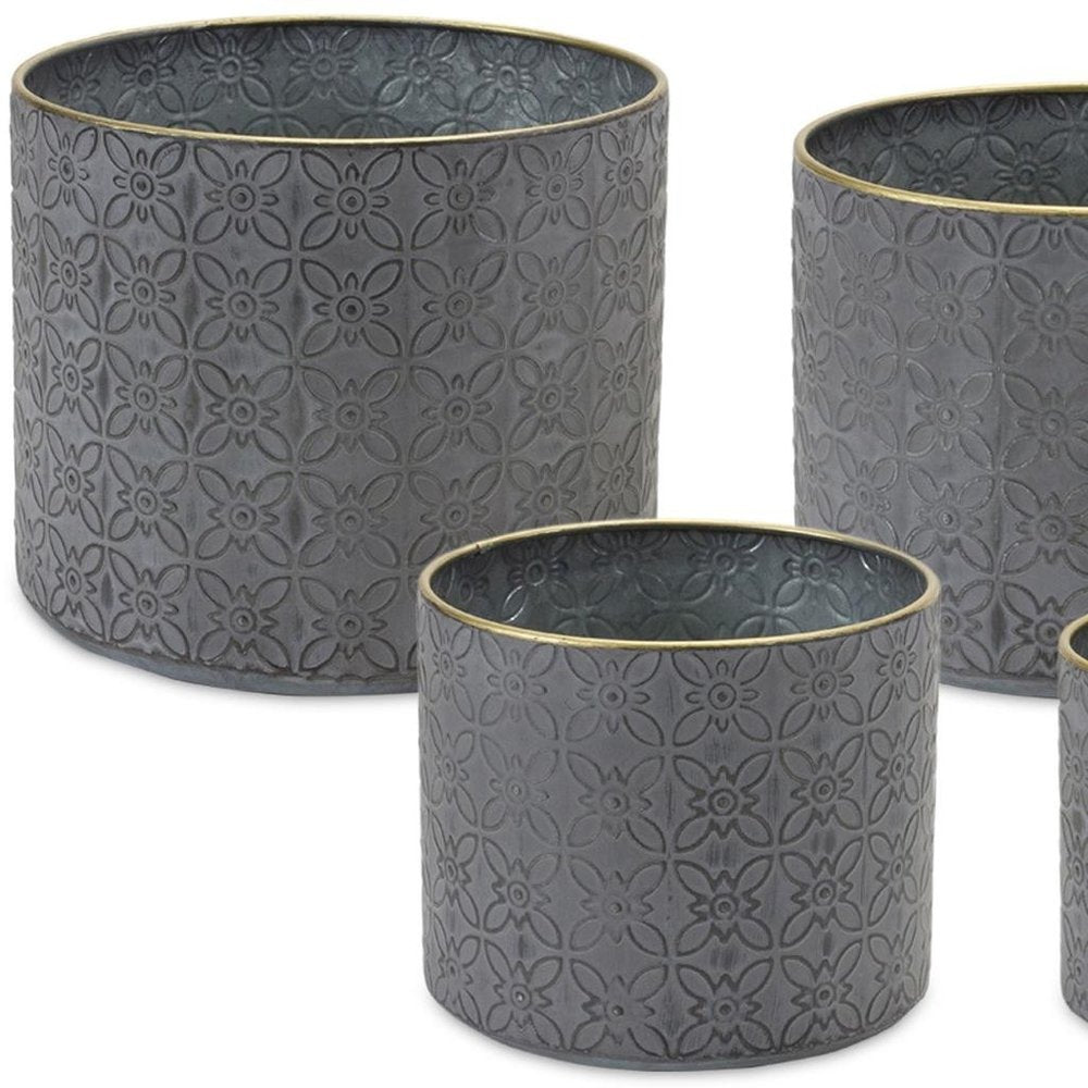 Set of Four Gray Metal 22 Ounce Geometric Round Distressed Pot Planters