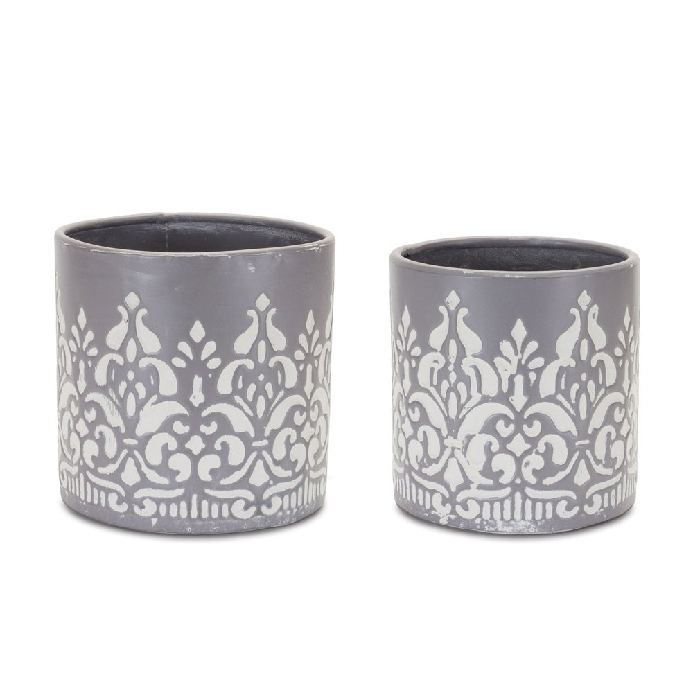 Set of Two Gray And White Metal 11 Ounce Abstract Round Distressed Pot Planters