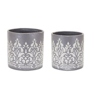 Set of Two Gray And White Metal 11 Ounce Abstract Round Distressed Pot Planters