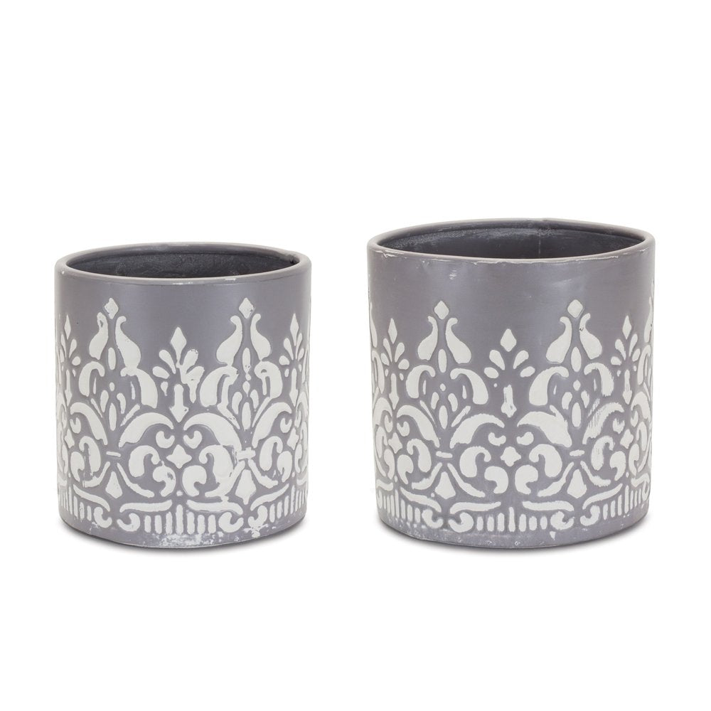 Set of Two Gray And White Metal 11 Ounce Abstract Round Distressed Pot Planters