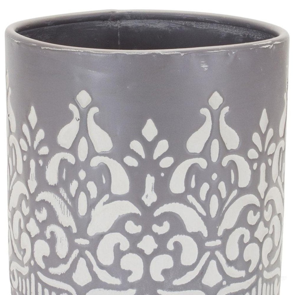Set of Two Gray And White Metal 11 Ounce Abstract Round Distressed Pot Planters