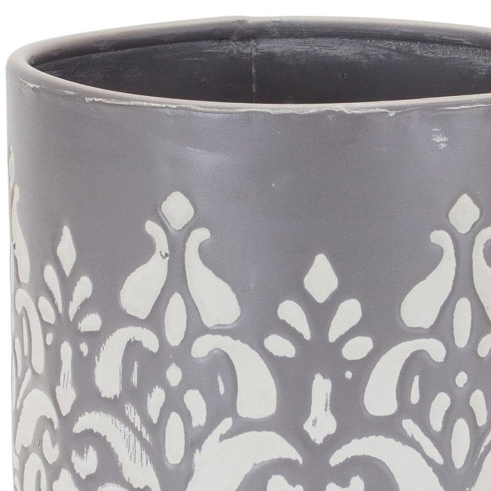 Set of Two Gray And White Metal 11 Ounce Abstract Round Distressed Pot Planters