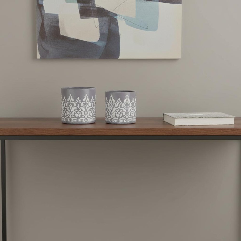 Set of Two Gray And White Metal 11 Ounce Abstract Round Distressed Pot Planters