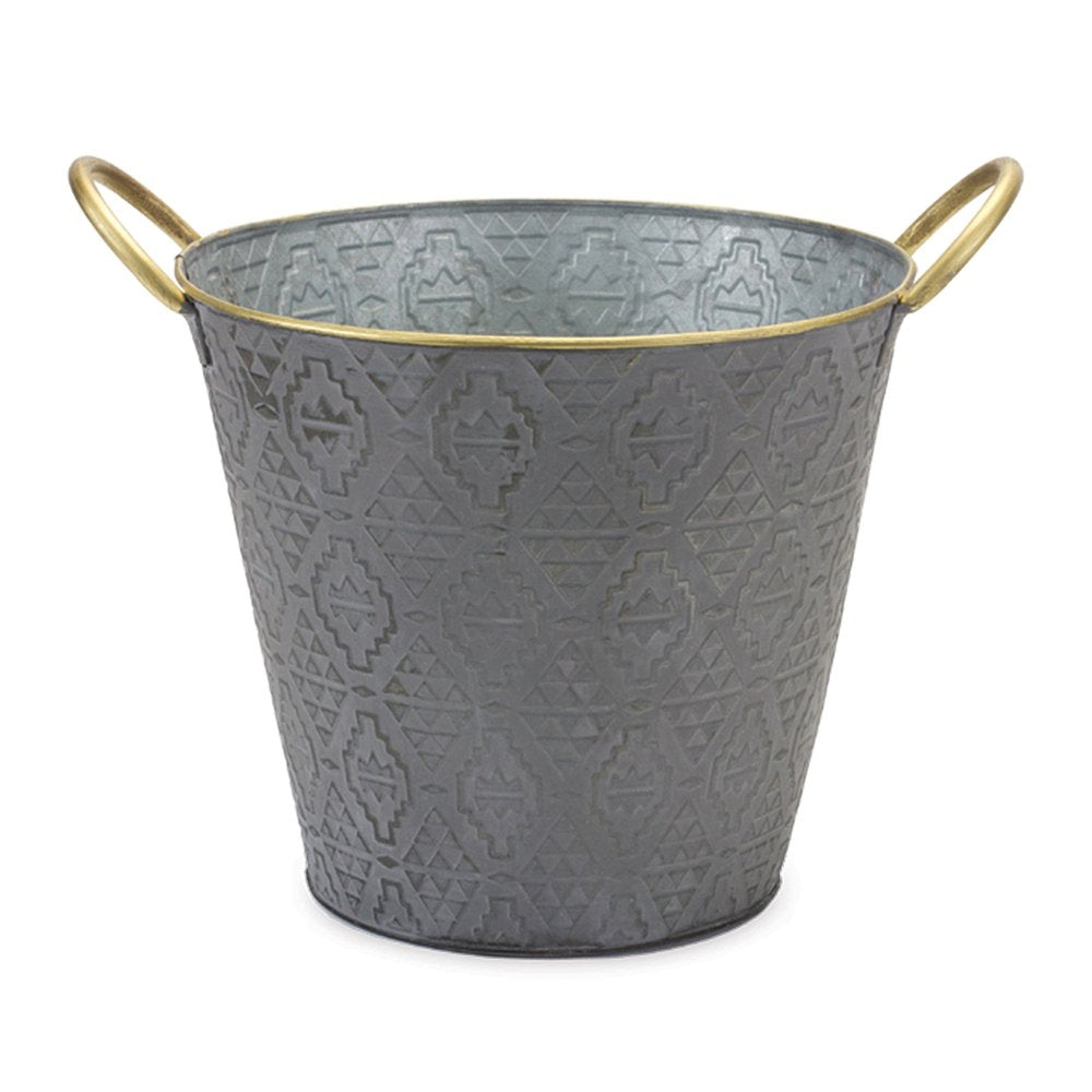 Set of Three Gold And Gray Metal 48 Ounce Geometric Round Distressed Pot Planters