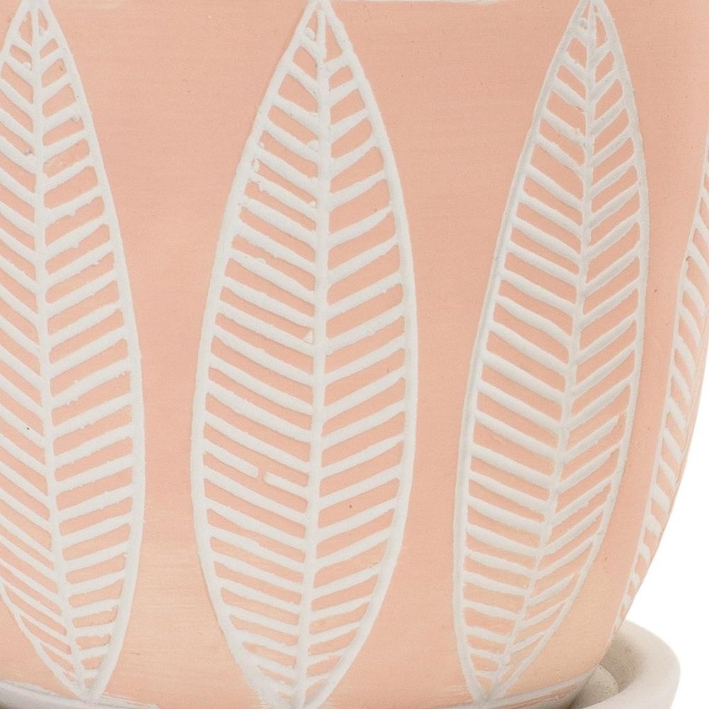 Set of Two Pink And Beige Cement 1 Ounce Leaf Round Pot Planters