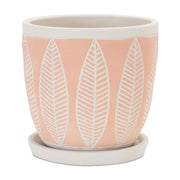 Set of Two Pink And Beige Cement 1 Ounce Leaf Round Pot Planters