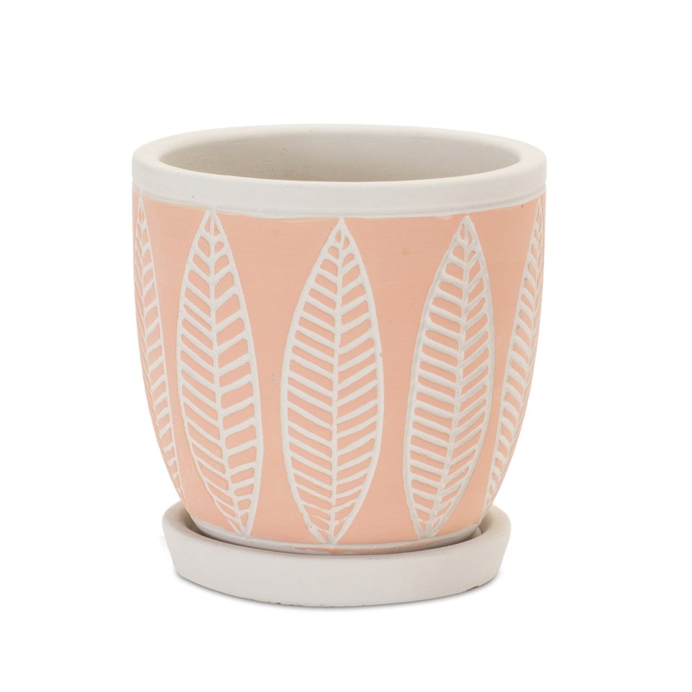 Set of Two Pink And Beige Cement 1 Ounce Leaf Round Pot Planters