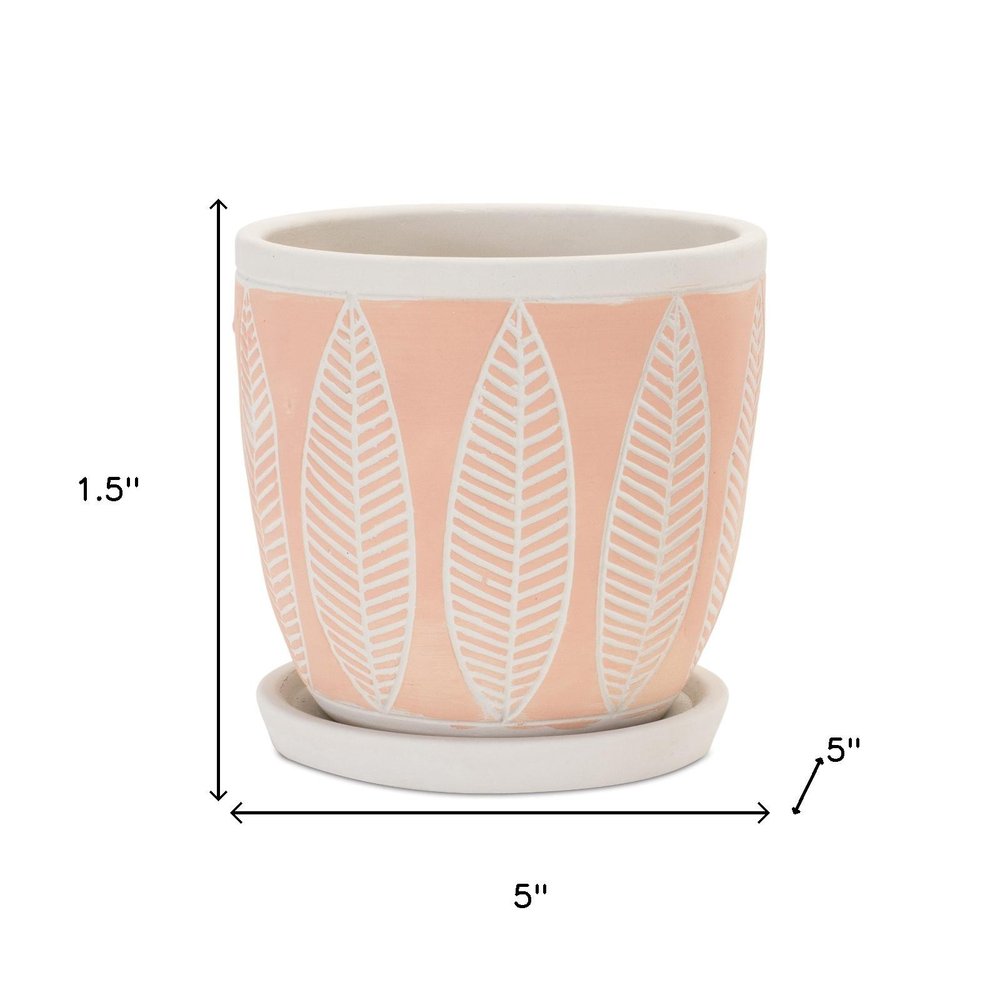 Set of Two Pink And Beige Cement 1 Ounce Leaf Round Pot Planters