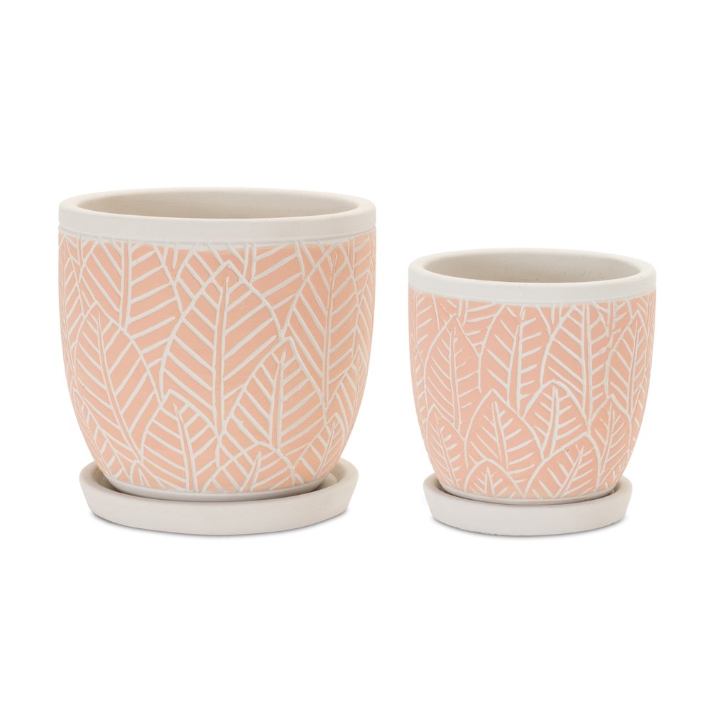 Set of Two Pink And Beige Cement 1 Ounce Leaf Round Pot Planters
