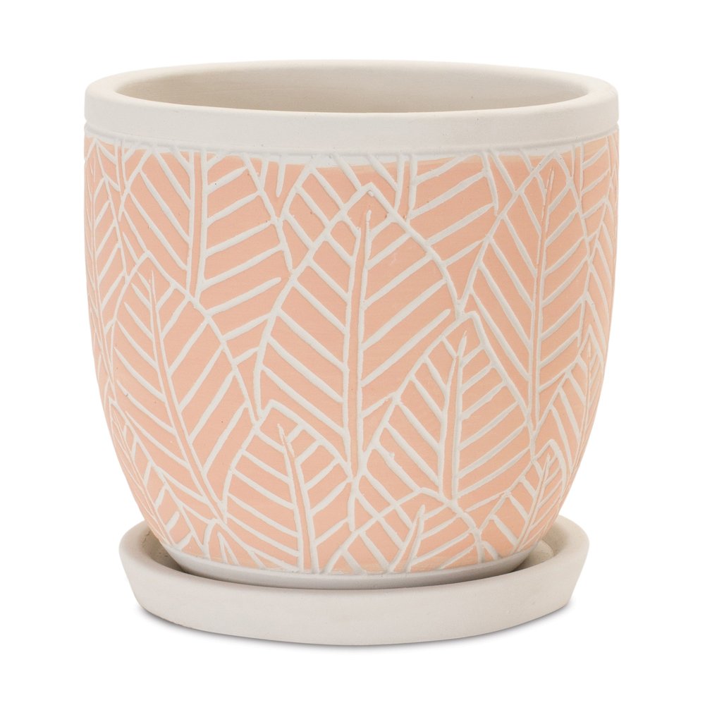 Set of Two Pink And Beige Cement 1 Ounce Leaf Round Pot Planters