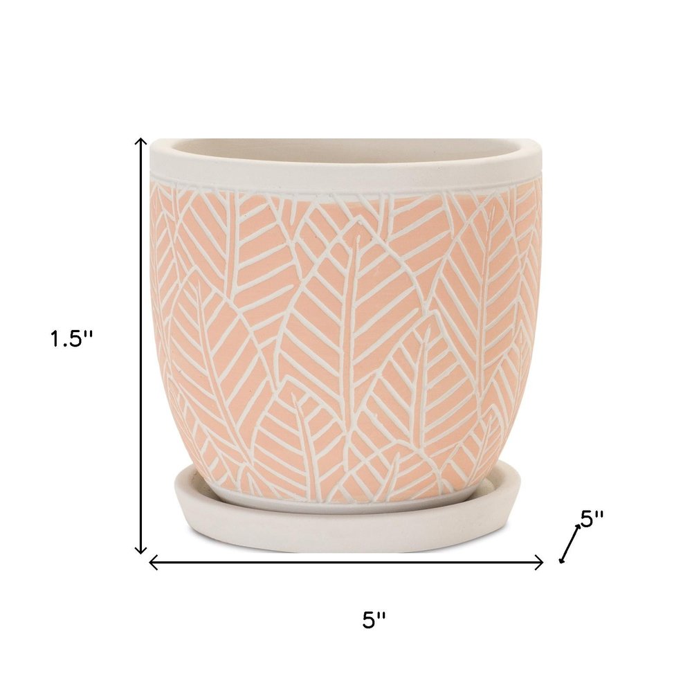 Set of Two Pink And Beige Cement 1 Ounce Leaf Round Pot Planters