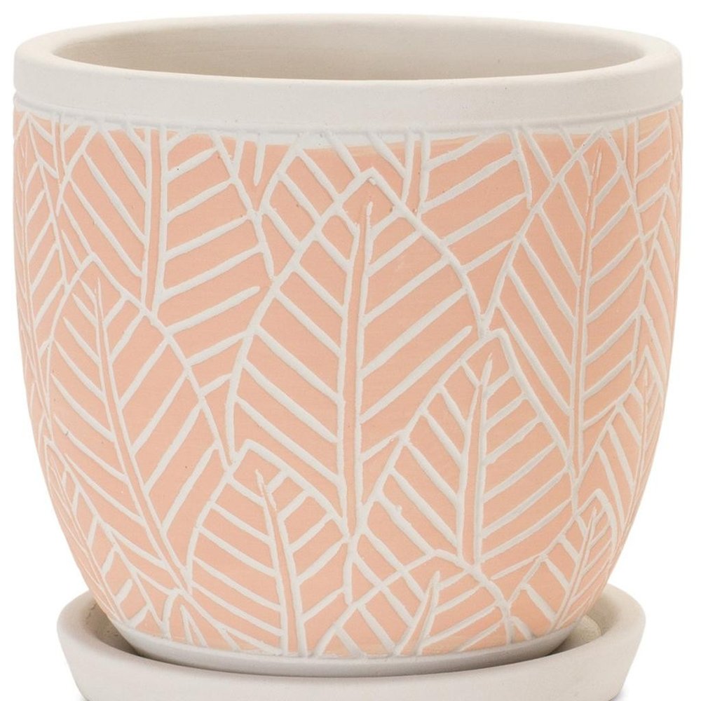 Set of Two Pink And Beige Cement 1 Ounce Leaf Round Pot Planters