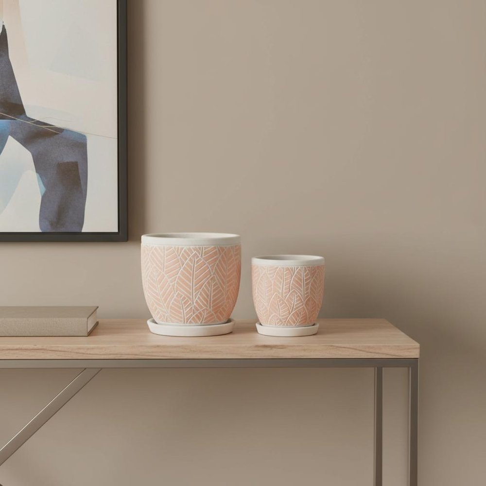Set of Two Pink And Beige Cement 1 Ounce Leaf Round Pot Planters