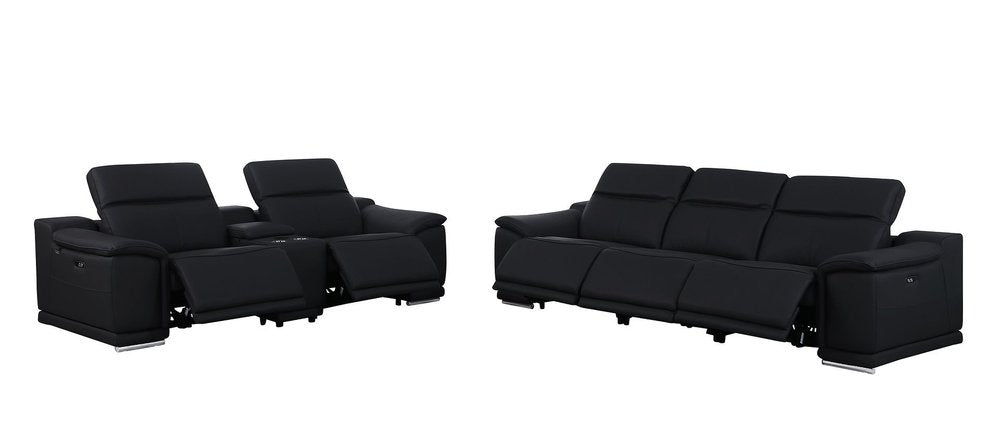 Two Piece Black Genuine Leather Five Person Seating Set