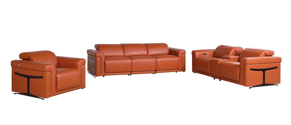 Three Piece Camel Italian Leather Six Person Seating Set