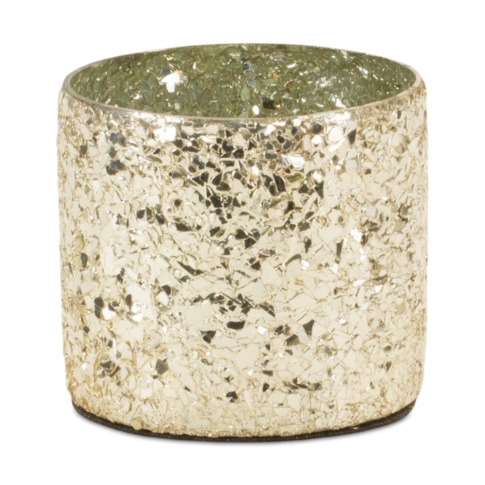 Set of Two Gold Distressed Abstract Glass Tabletop Hurricane Candle Holders