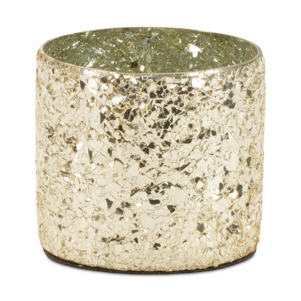 Set of Two Gold Distressed Abstract Glass Tabletop Hurricane Candle Holders