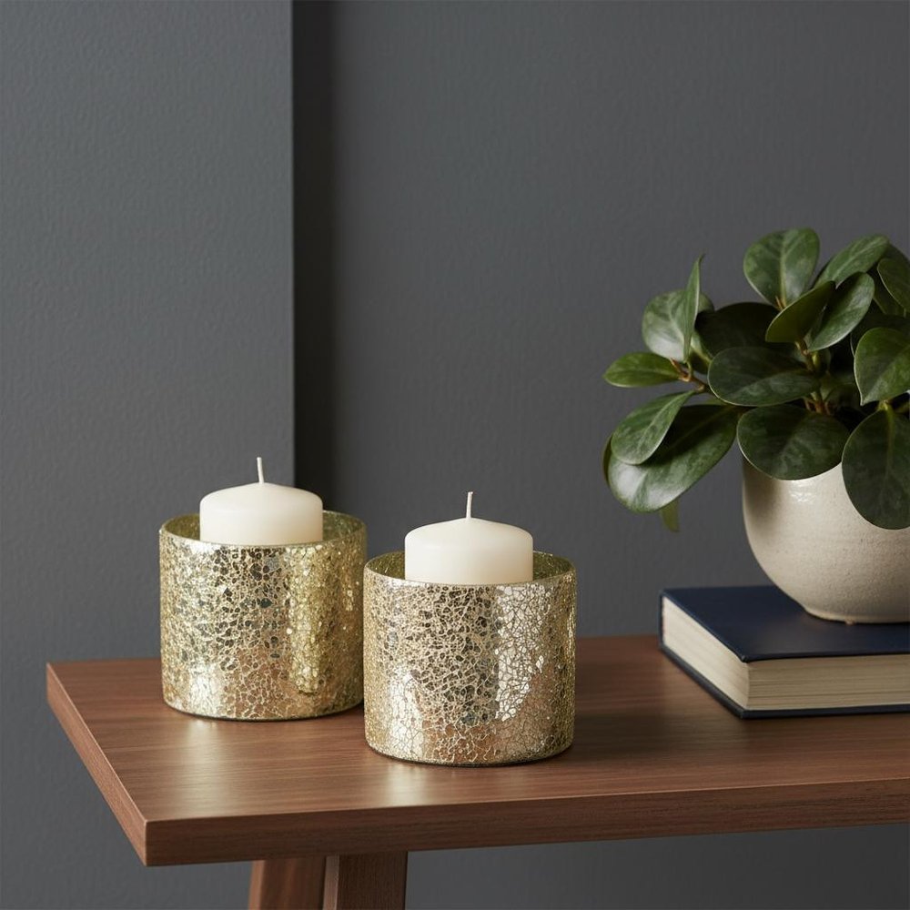 Set of Two Gold Distressed Abstract Glass Tabletop Hurricane Candle Holders