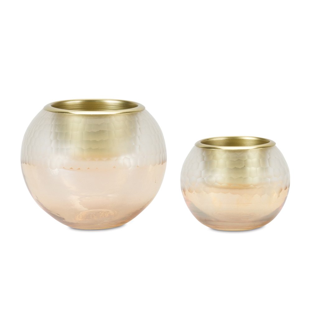 Set of Two Gold Abstract Glass Tabletop Votive Candle Holders