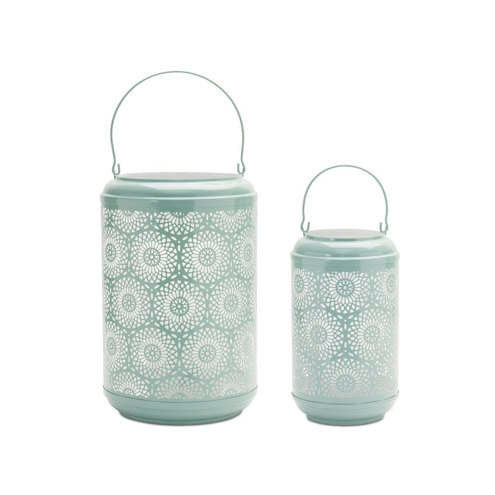 Set of Two Green Abstract Metal Tabletop Lantern Candle Holders