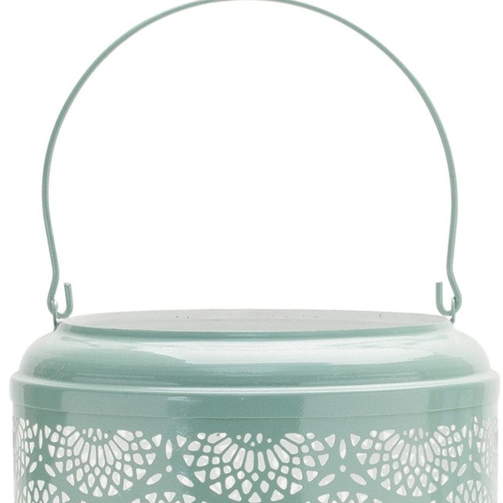 Set of Two Green Abstract Metal Tabletop Lantern Candle Holders