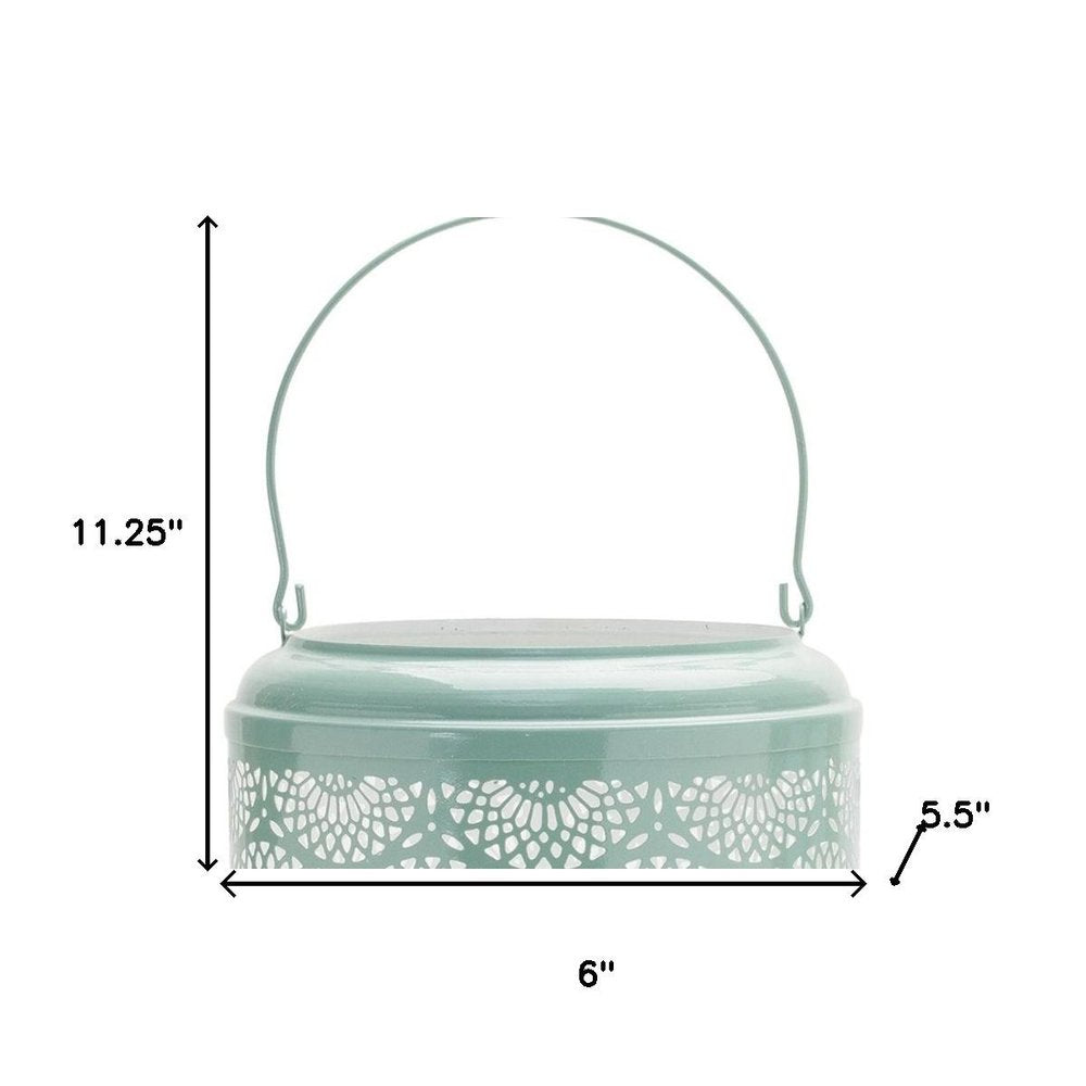 Set of Two Green Abstract Metal Tabletop Lantern Candle Holders