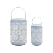 Set of Two Blue Abstract Metal Tabletop Lantern Candle Holders