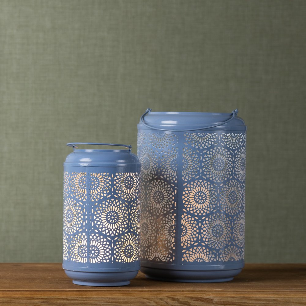 Set of Two Blue Abstract Metal Tabletop Lantern Candle Holders