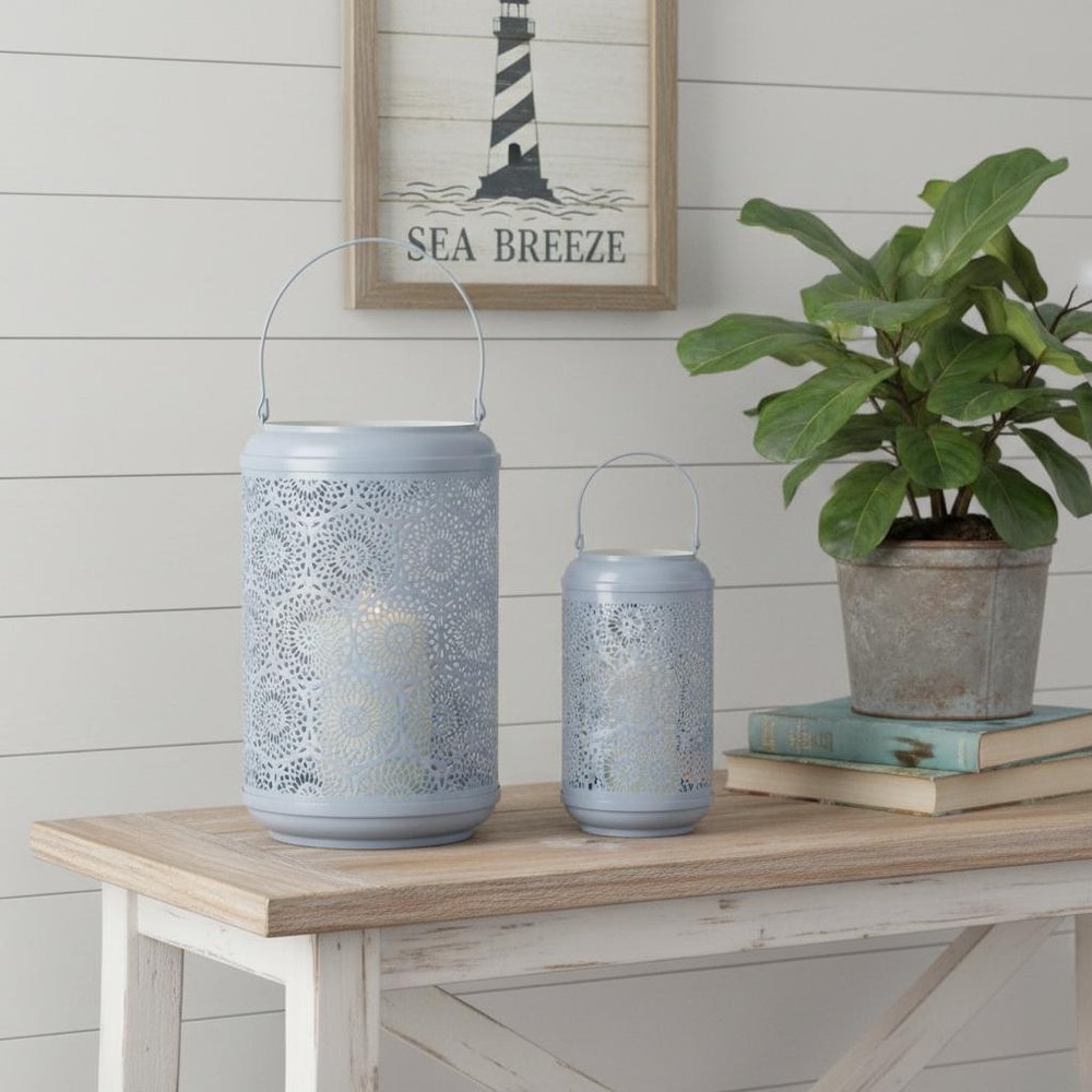 Set of Two Blue Abstract Metal Tabletop Lantern Candle Holders
