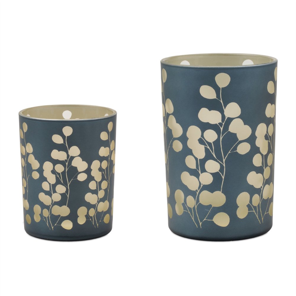 Set of Two Green Distressed Abstract Glass Tabletop Hurricane Candle Holders