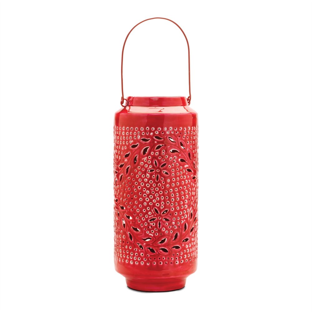 16" Red Abstract Iron Tabletop Lantern Candle Holder