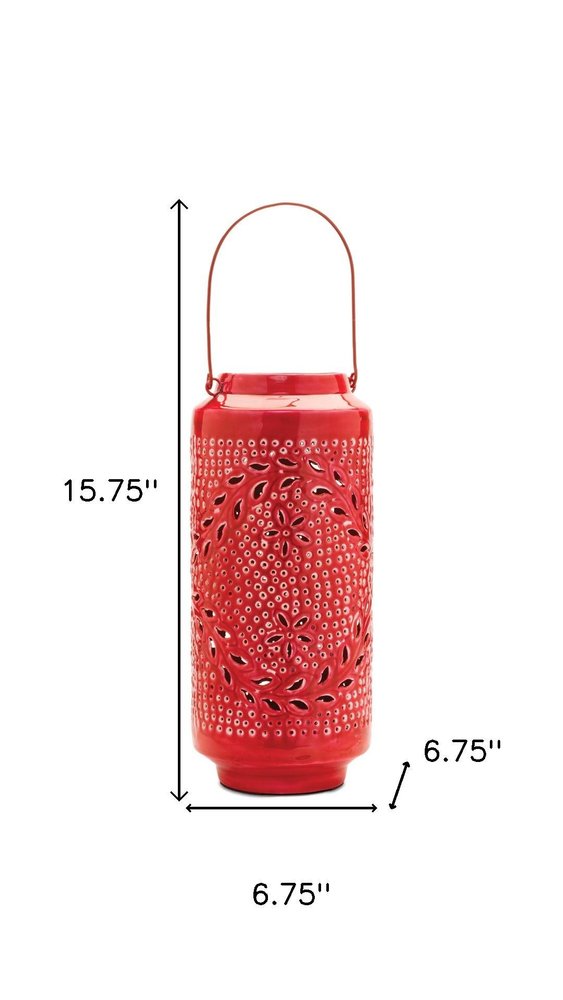 16" Red Abstract Iron Tabletop Lantern Candle Holder