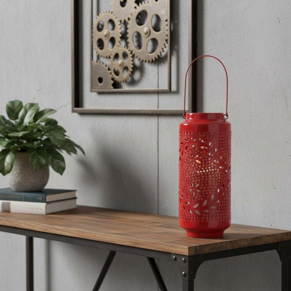 16" Red Abstract Iron Tabletop Lantern Candle Holder